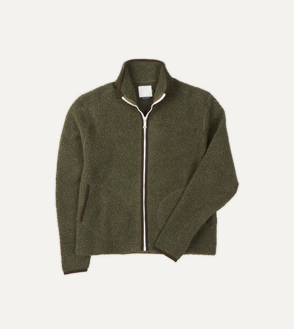 Casual Style Green Boucle Wool Zip Fleece Jacket