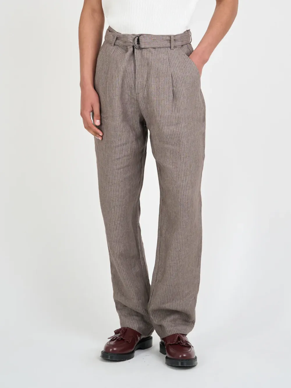 Brown Straight-Leg Belted Linen Trousers