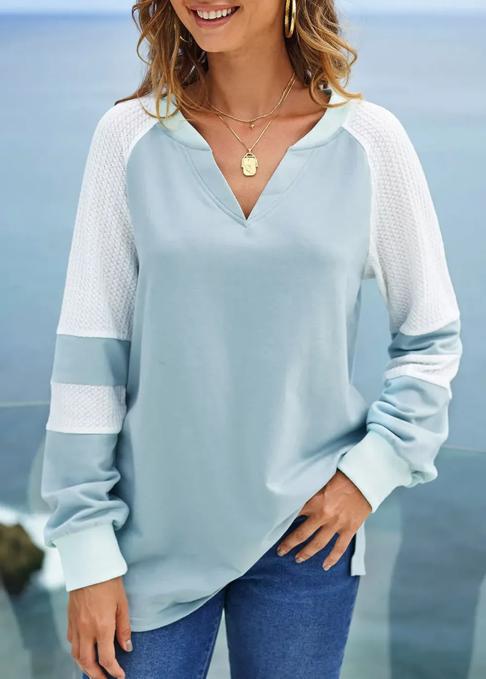 Long Sleeve Split Neck Contrast Sweatshirt