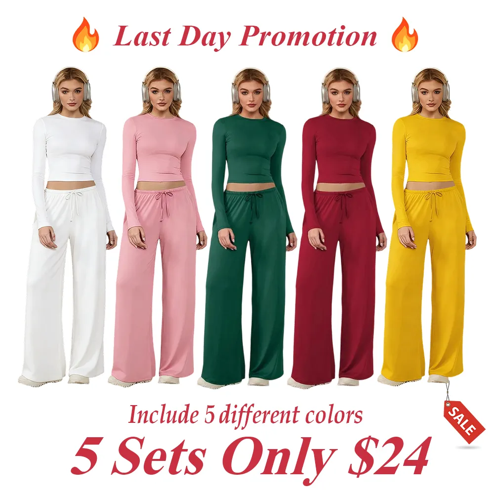 Women's two-piece tracksuit set, long-sleeved crop top and wide-leg pants