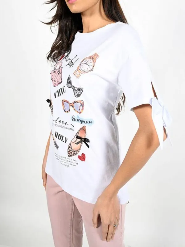 White Graphic - Print Cold - Shoulder T - Shirt