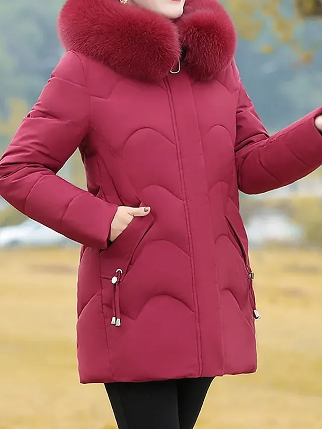 Women's Parka Warm Winter Coat Zipper Puffer Jacket with Removable Fur Collar Zipper Hoodie Heated Jacket Fashion Modern Casual Street Style Outerwear Long Sleeve Fall