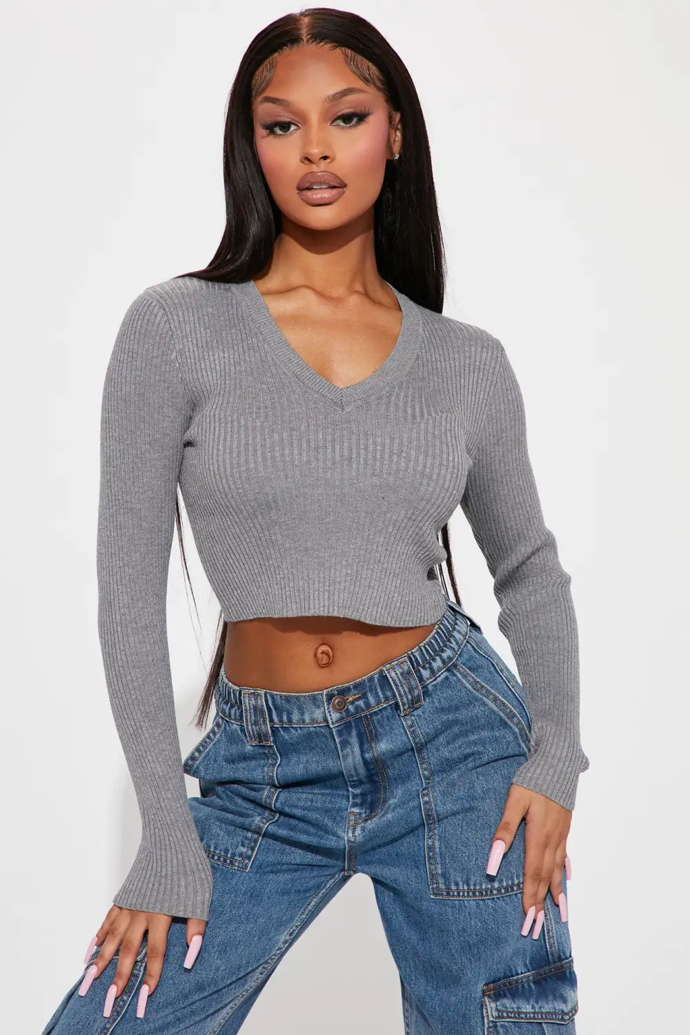 Sheila Ribbed Crop Sweater - Heather Grey