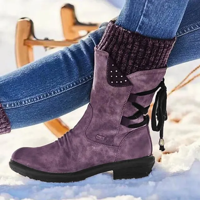 Women's Boots Snow Boots Sweater Boots Plus Size Outdoor Daily Mid Calf Boots Winter Lace-up Flat Heel Round Toe Casual Faux Leather Zipper Black Red Blue