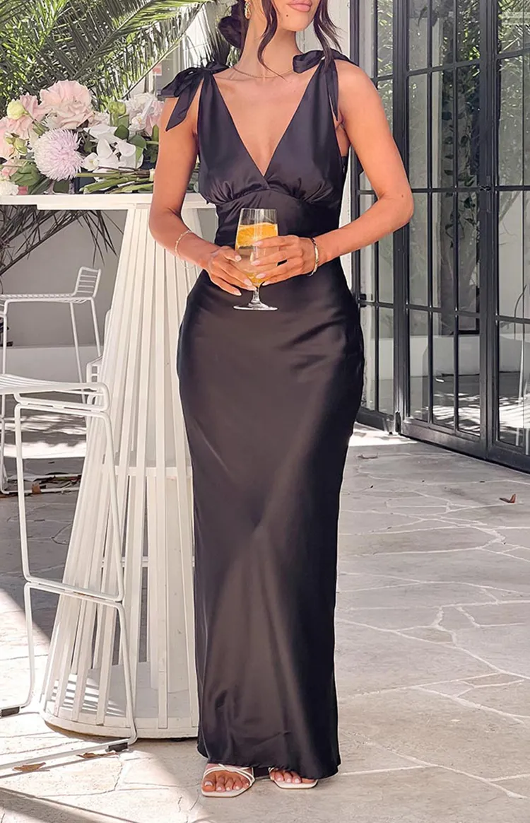 V-Neck Black Satin Maxi Dress