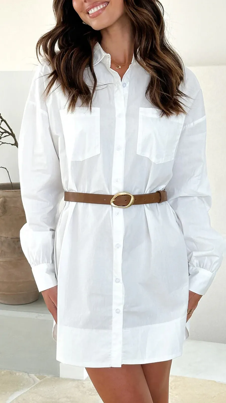 Business Style Extra Long White Shirt Dresses