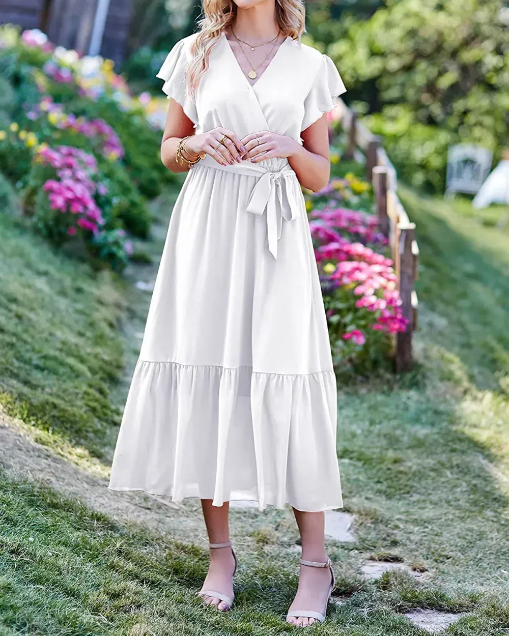 Women Summer Bohemian Floral Casual Wrap V Neck Ruffle Cap Sleeveless Belt A-Line Pleated Hem Swing Midi Sun Dress