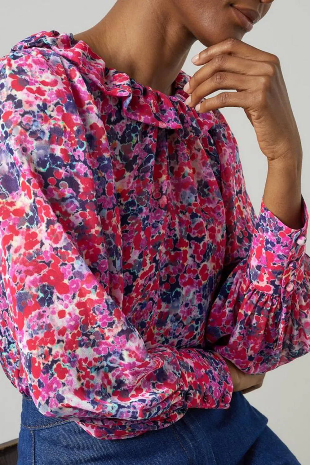 Pink Floral Print Ruffle Neck Long Sleeve Top