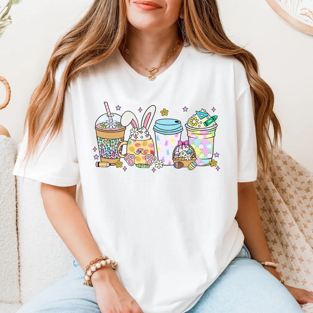 T-shirt The Easter Bunny Needs Some Coffee And Ice Cream Too Women Printed Round Neck Short Sleeve