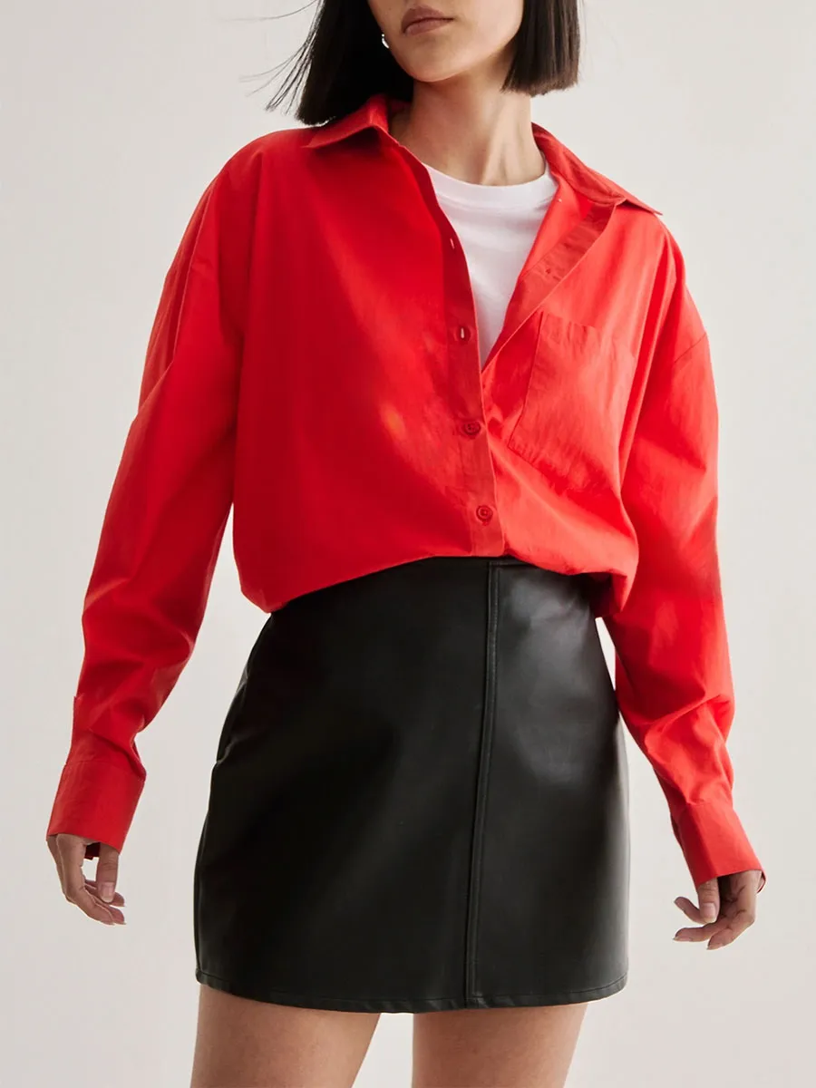 Women'S Stylish Red Oversized Collared Shirt