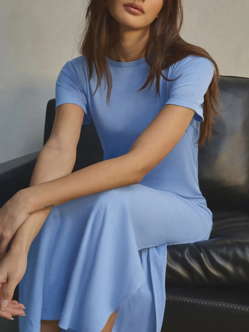 Basic Minimalist Ribbed Solid Color Crew Neck Dress