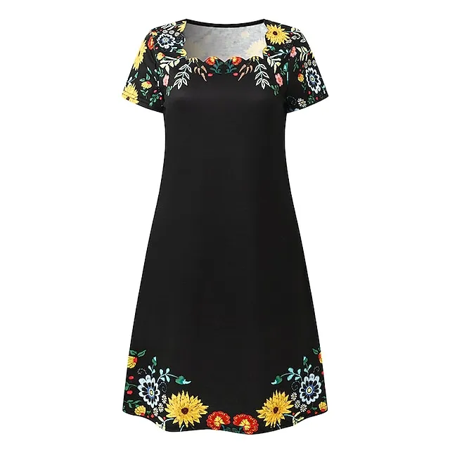 Women's Casual Dress Casual Dress Shift Dress Floral Print Ruched Print Square Neck Mini Dress Fashion Modern Daily Holiday Short Sleeve Regular Fit Black Summer Spring S M L XL XXL