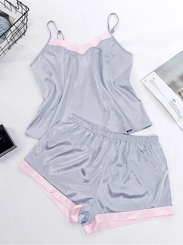 Women's Pajamas Pajama Top and Pant Sets Pure Color Fashion Casual Soft Home Daily Bed Satin Breathable Straps Sleeveless Strap Top Shorts Backless Summer Spring Silver Black