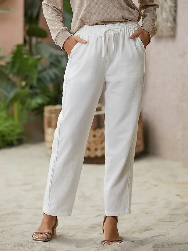 Women's Linen Pants Pants Trousers Baggy Faux Linen Plain Side Pockets Baggy Ankle-Length Fashion Casual Daily Black White S M