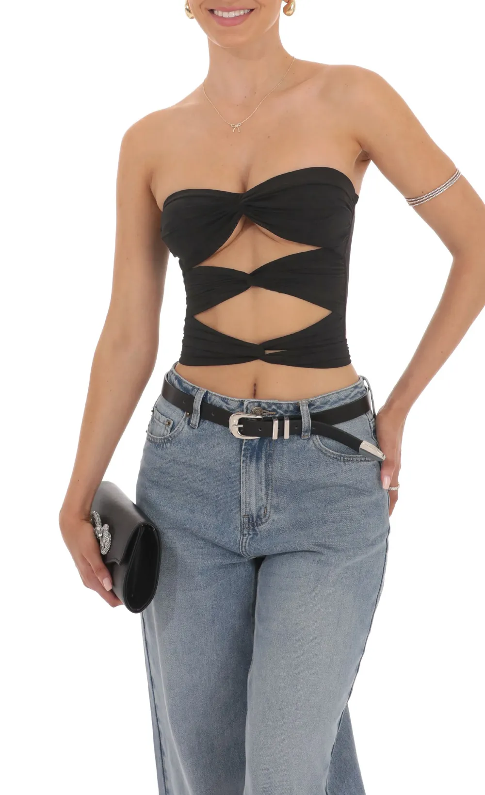 Mesh Cutout Strapless Top in Black