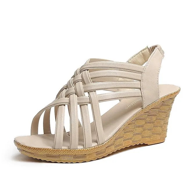 Women's Sandals Wedge Sandals Braided Sandals Party Daily Wedge Heel Open Toe Elegant Casual Faux Leather Elastic Band Braided Black White Brown