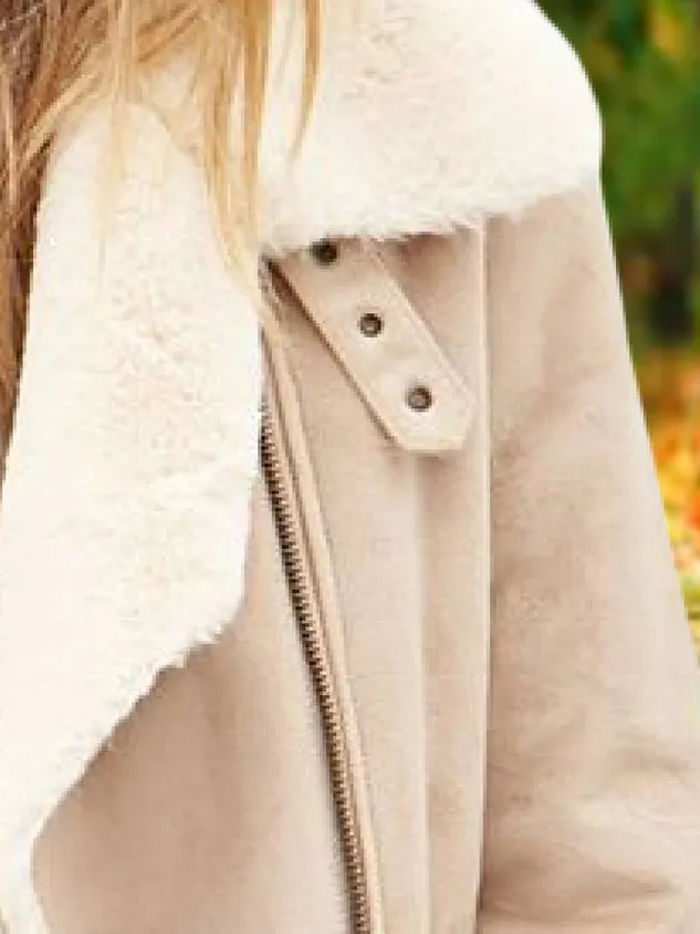 Beige Casual Plain Faux Fur Shawl Collar Jacket