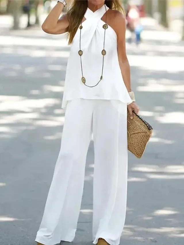 Women's Loungewear Sets Pure Color Simple Casual Comfort Street Daily Date Polyester Breathable Halter Sleeveless Tank Top and Wide Leg Pants Summer Spring White Navy Blue