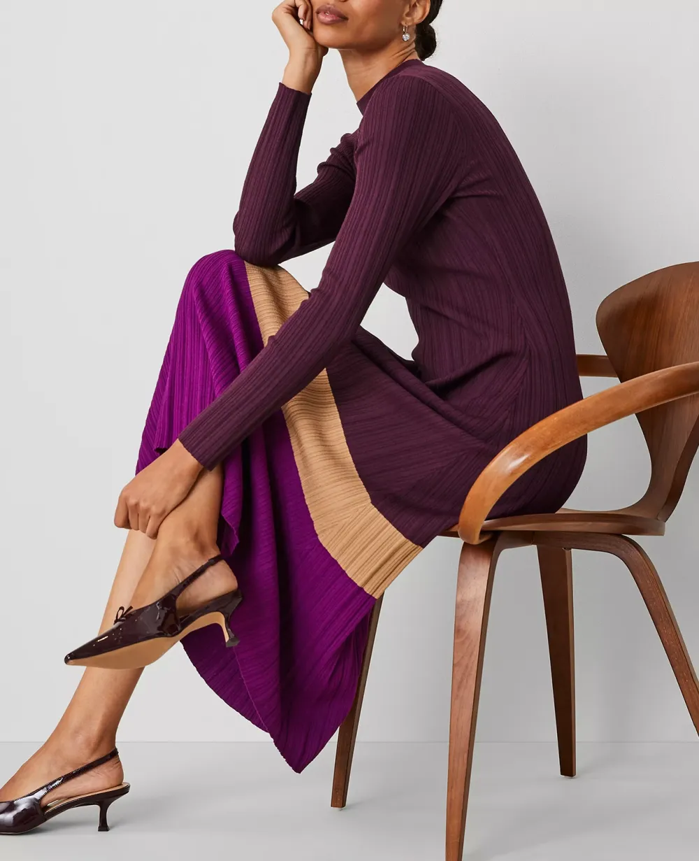 Colorblock Ribbed Mock Neck Sweater Dress