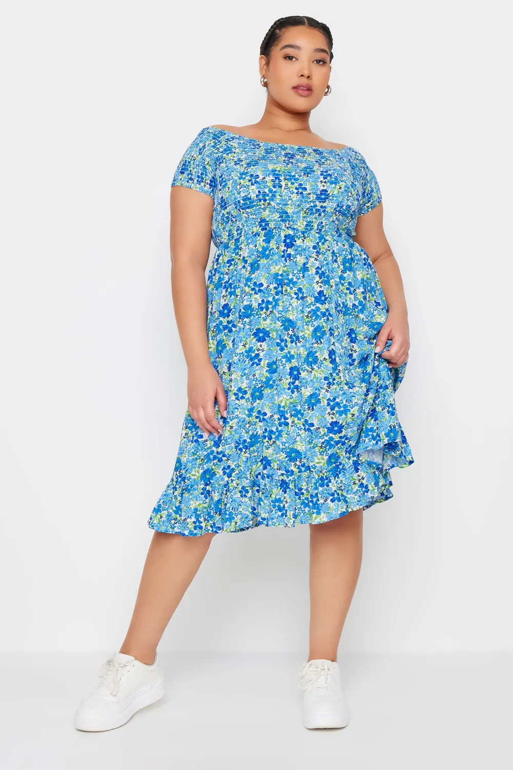 YOURS Curve Blue Shirred Bardot Midi Dress