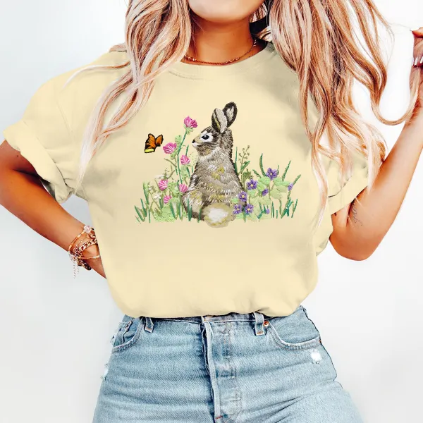 Easter Flowers And Bunny Printed Round Neck Short Sleeve T-Shirt