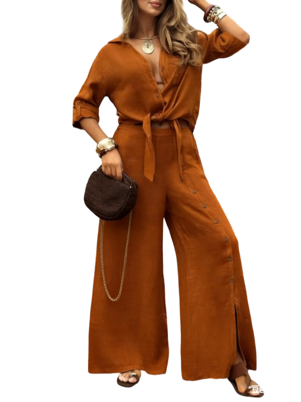 🔥 Women's Loose-Fit Long Sleeve Shirt & Wide Leg Pants Set