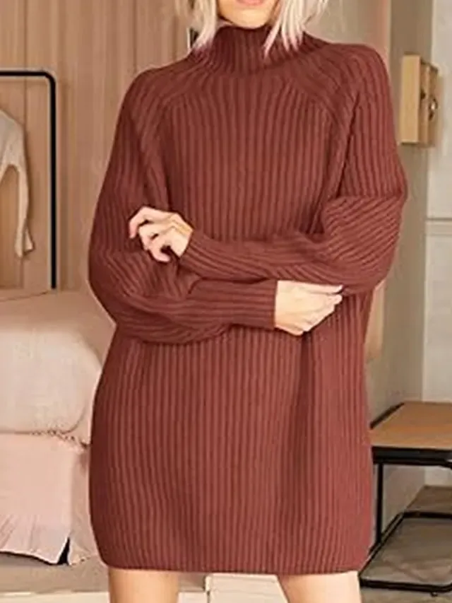 Women's Sweater Dress Jumper Dress Winter Dress Mini Dress Warm Fashion Casual Plain Outdoor Daily Vacation Going out Turtleneck Long Sleeve 2023 Loose Fit Black White Blue S M L XL