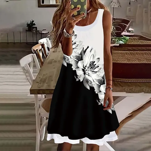 Women's Casual Dress Shift Dress Floral Dress Mini Dress White Pink Red Sleeveless Floral Fake two piece Summer Spring Crew Neck Basic Vacation 2023 S M L XL XXL 3XL 4XL 5XL