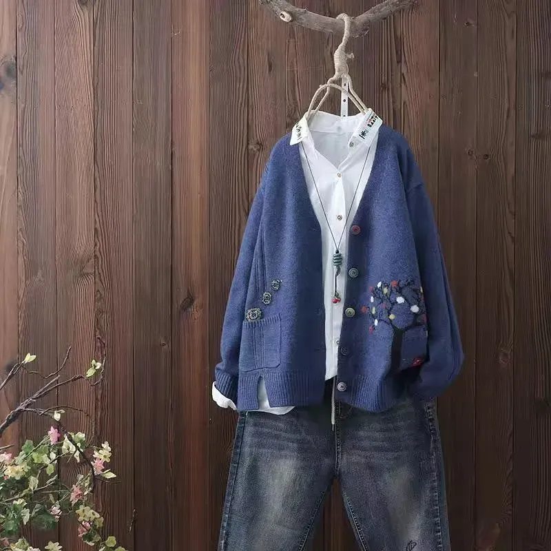 Vintage Botanical Long Sleeve Knit Cardigan