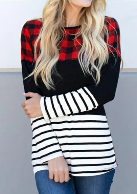 Plaid Splicing Striped O-Neck Long Sleeve Tops