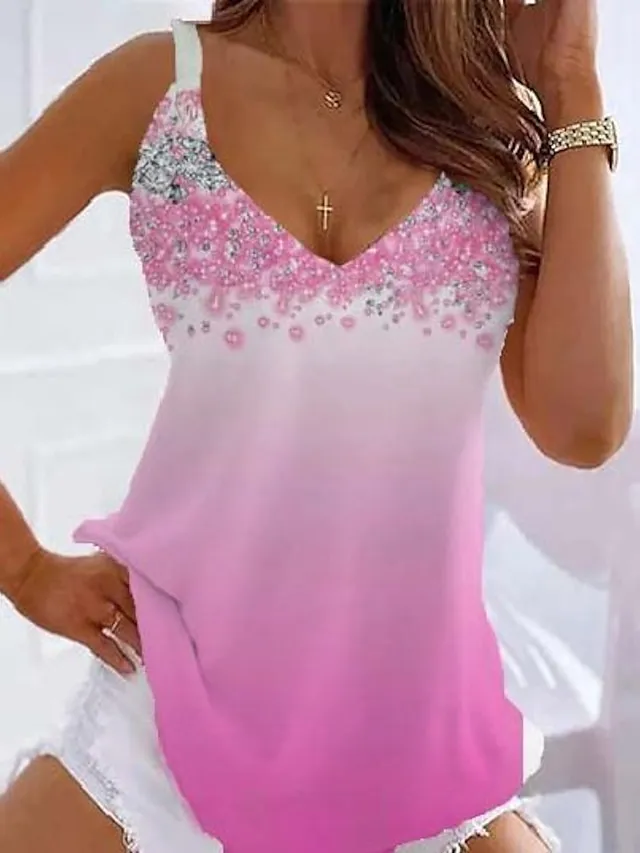 Women's Tank Top Going Out Tops Summer Tops Pink Dusty Rose Blue Graphic Print Sleeveless Casual Holiday Tunic Basic V Neck Regular Fit