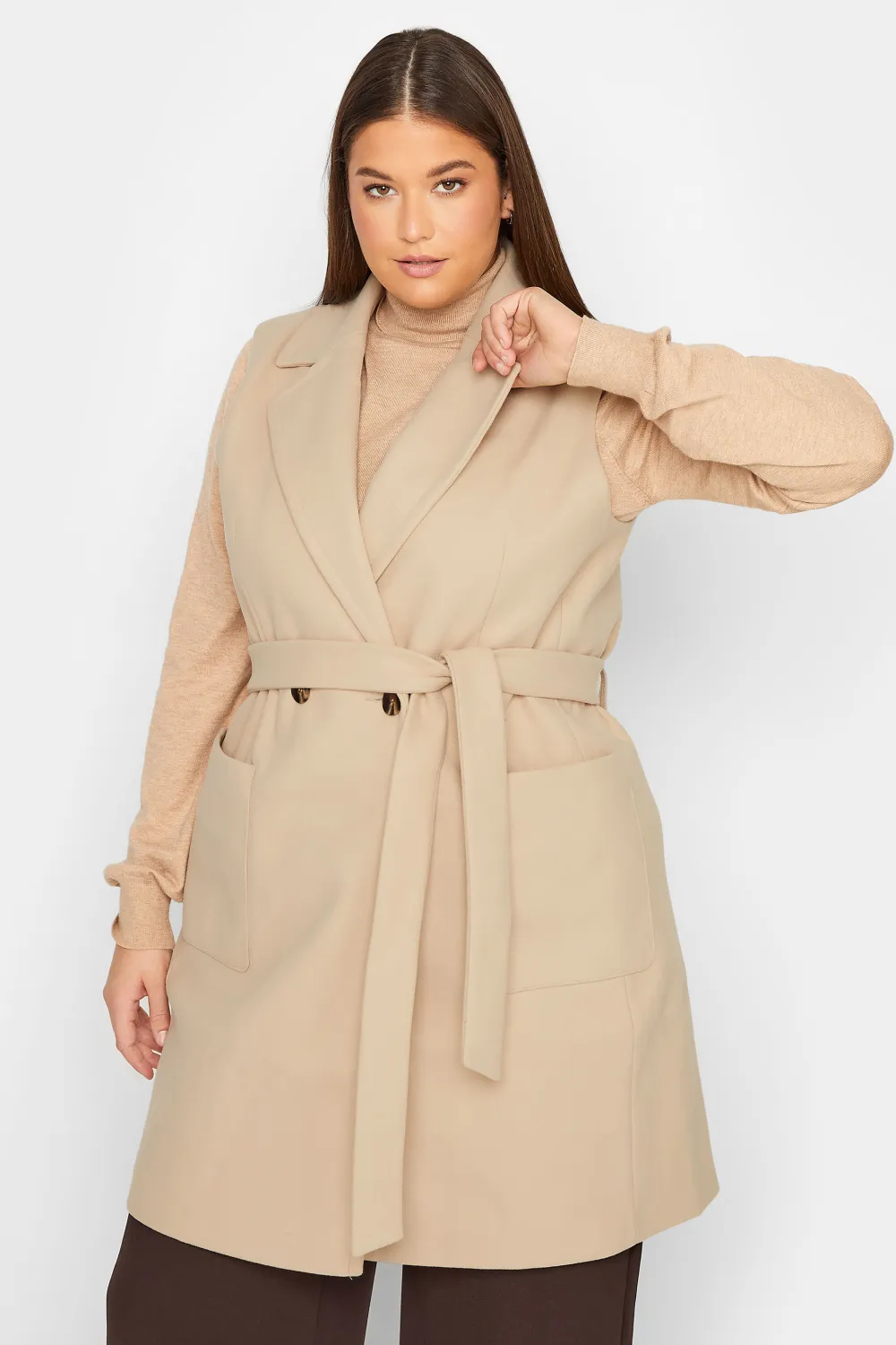 LTS Tall Natural Brown Sleeveless Double Breasted Jacket