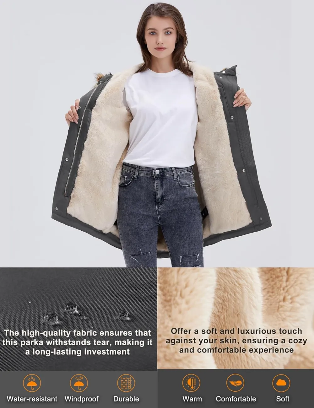 Women's Winter Coats Fleece Lined Parka Jacket Hooded Long Winter Warm Parka Coat with Pockets