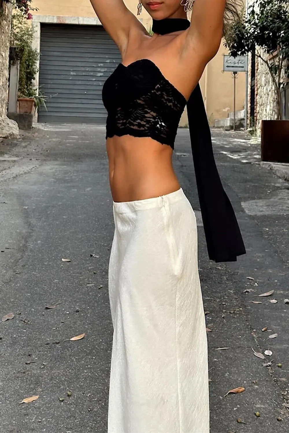 Black Lace Crop Top and Neck Scarf