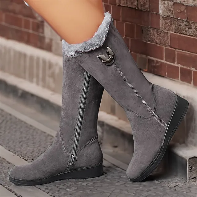 Women's Boots Suede Shoes Snow Boots Furry Feather Athletic Walking Fleece Lined Mid Calf Boots Winter Buckle Zipper Flat Heel Wedge Heel Round Toe Vintage Plush Classic Faux Suede Zipper Solid Color
