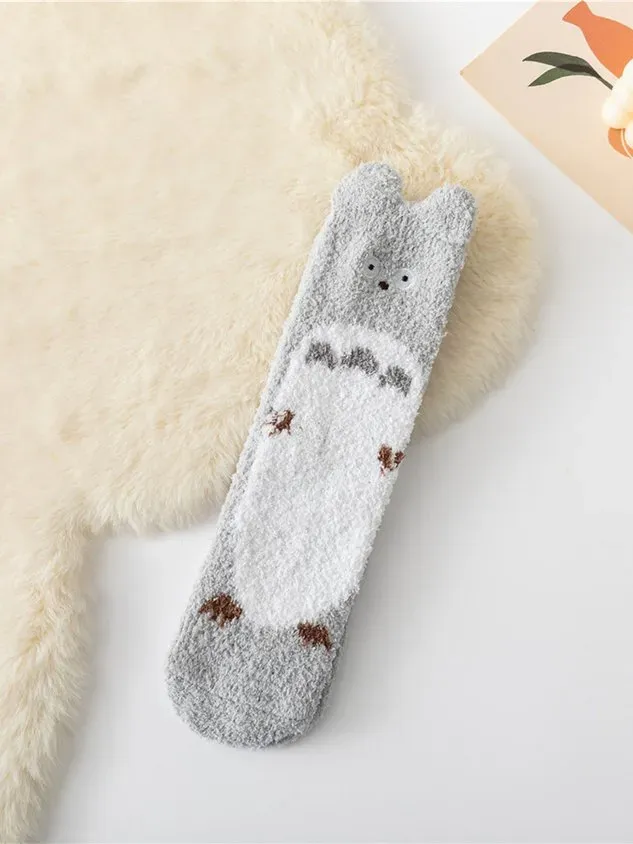 Cat Dog Pika Pet Cute Shape Thickened Warm Coral Fleece Floor Socks