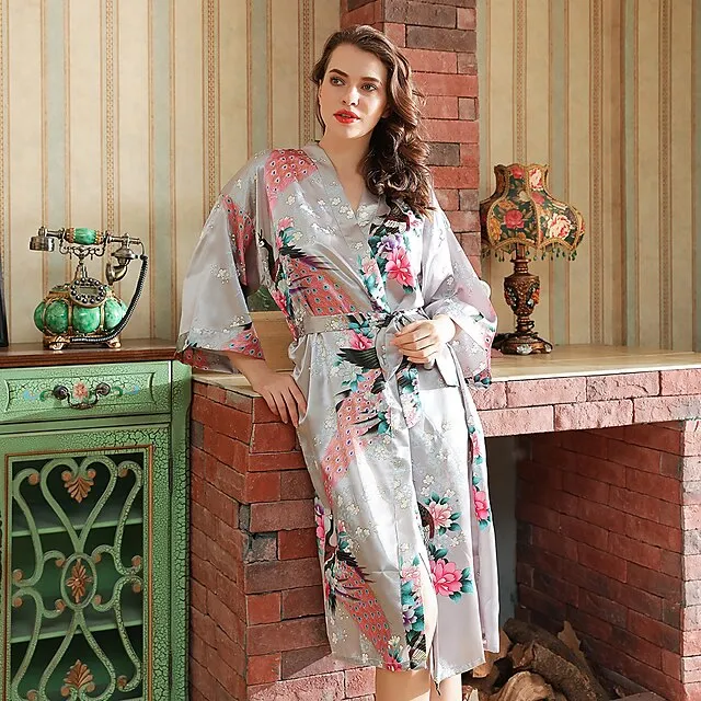 Women's Robes Gown Bathrobes Pure Color Simple Comfort Home Party Wedding Party Spandex Gift Long Sleeve Belt Included Spring Summer Navy Blue