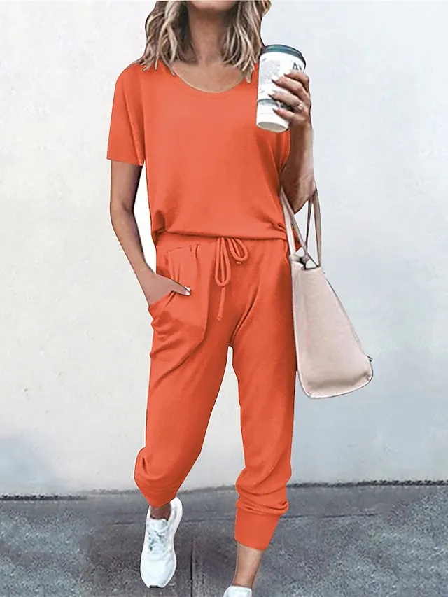 Women's Loungewear Sets Pure Color Fashion Casual Comfort Street Daily Date Polyester Breathable Crew Neck Short Sleeve T shirt Tee Pant Pocket Elastic Waist Summer Fall Black Pink