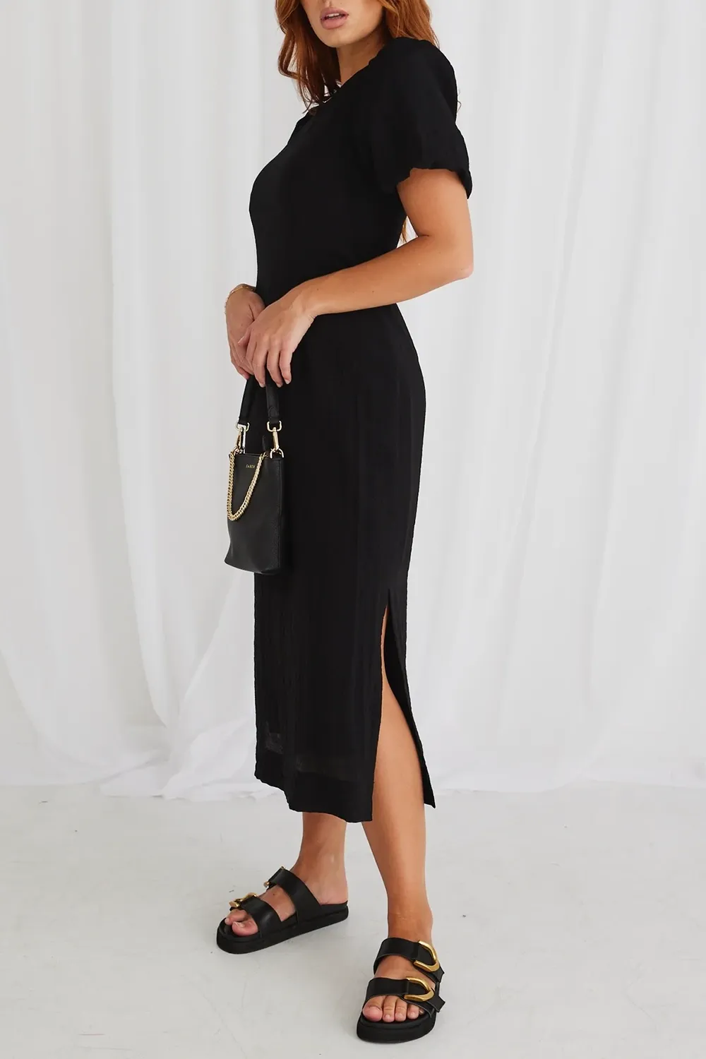 Black Puff - Sleeve Tie - Waist Maxi Dress