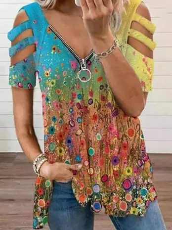 Women Short Sleeve V-neck Floral Printed Geometric Top