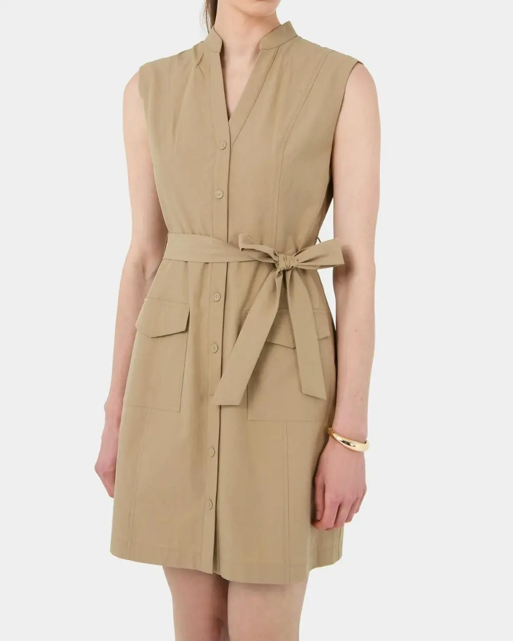 Mandarin Collar Utility Tie Dress - Beige