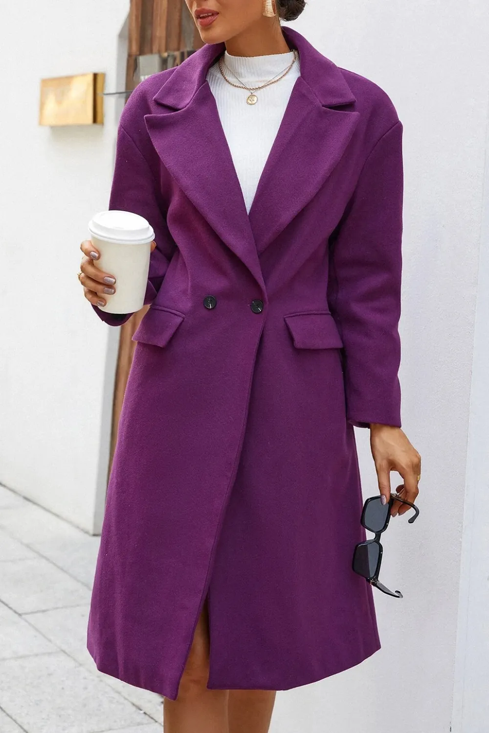 Solid Suit Collar Coat in Purple
