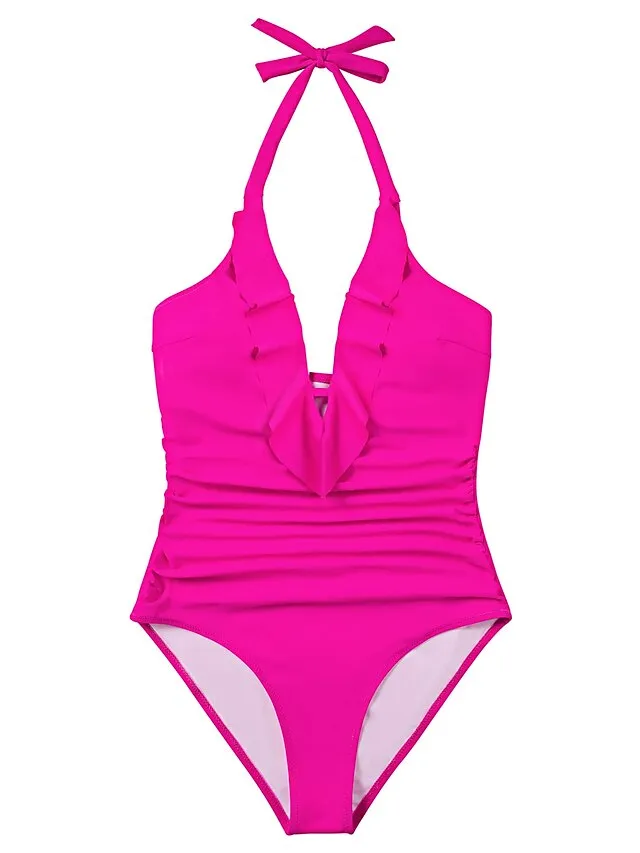 Sexy Deep V-Neck Swimwear for Women Backless Halter Neck One Piece Swimsuit Ruffle Plunge Padded Bathing Suits Cute Beach Wear Solid Colors