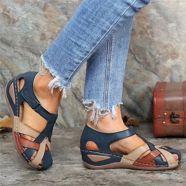 Women's Sandals Wedge Sandals Comfort Shoes Plus Size Outdoor Office Daily Summer Buckle Wedge Heel Round Toe Closed Toe Classic Casual Walking Shoes PU Leather Faux Leather Magic Tape Color Block