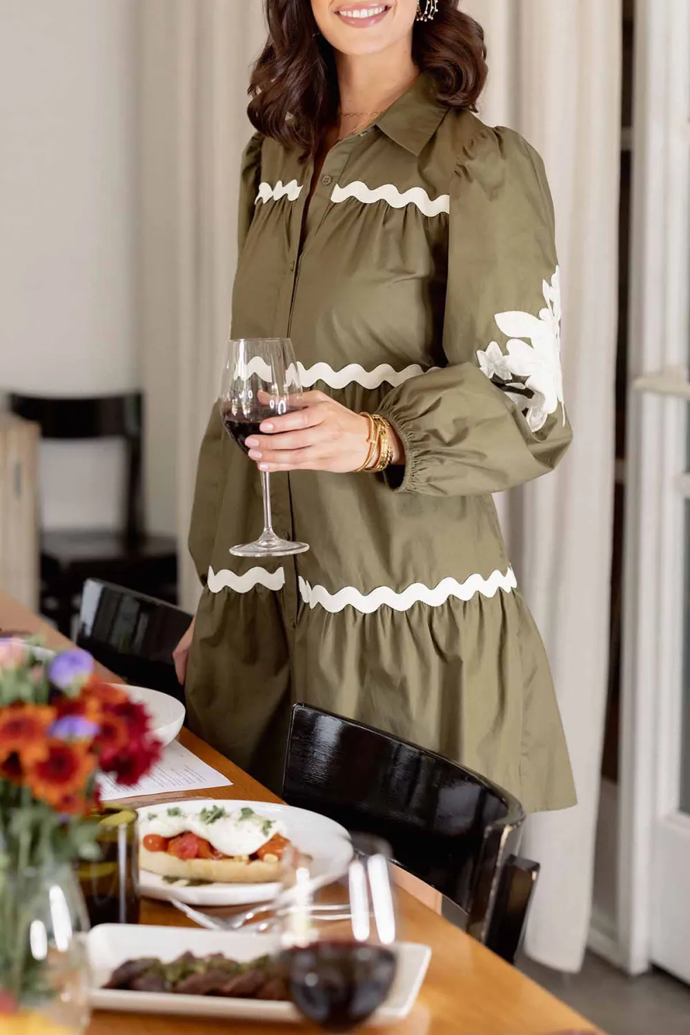 Olive Green Scallop Trim Long Sleeve Tiered Dress