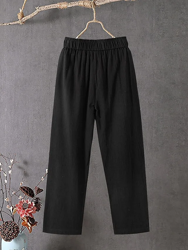 Women's Slacks Baggy Cropped Pants Linen Plain Pocket Baggy Ankle-Length Micro-elastic Mid Waist Streetwear Casual Vacation Casual Daily Black White S M Summer Spring