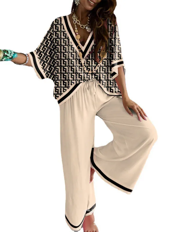 Urban Loose Printed V-Neck T-Shirts Tops& Drawstring Wide Leg Pants Suits