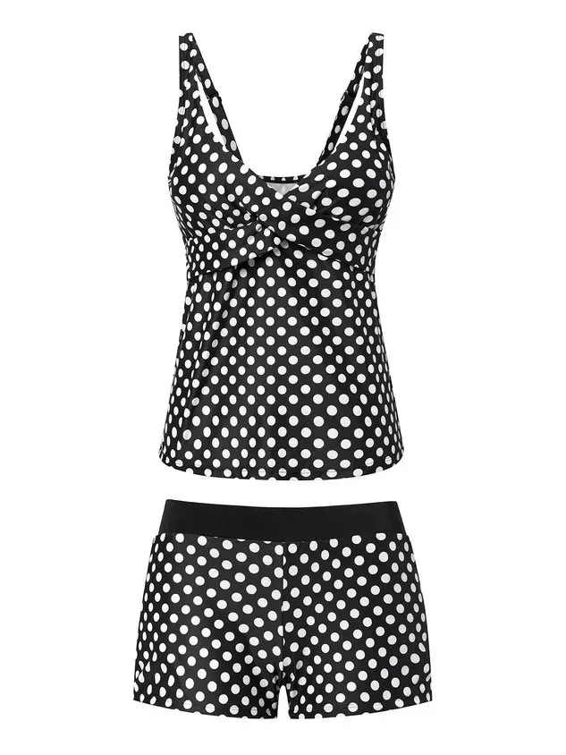 Casual Polka Dots Printing V neck Tankinis Two-Piece Set