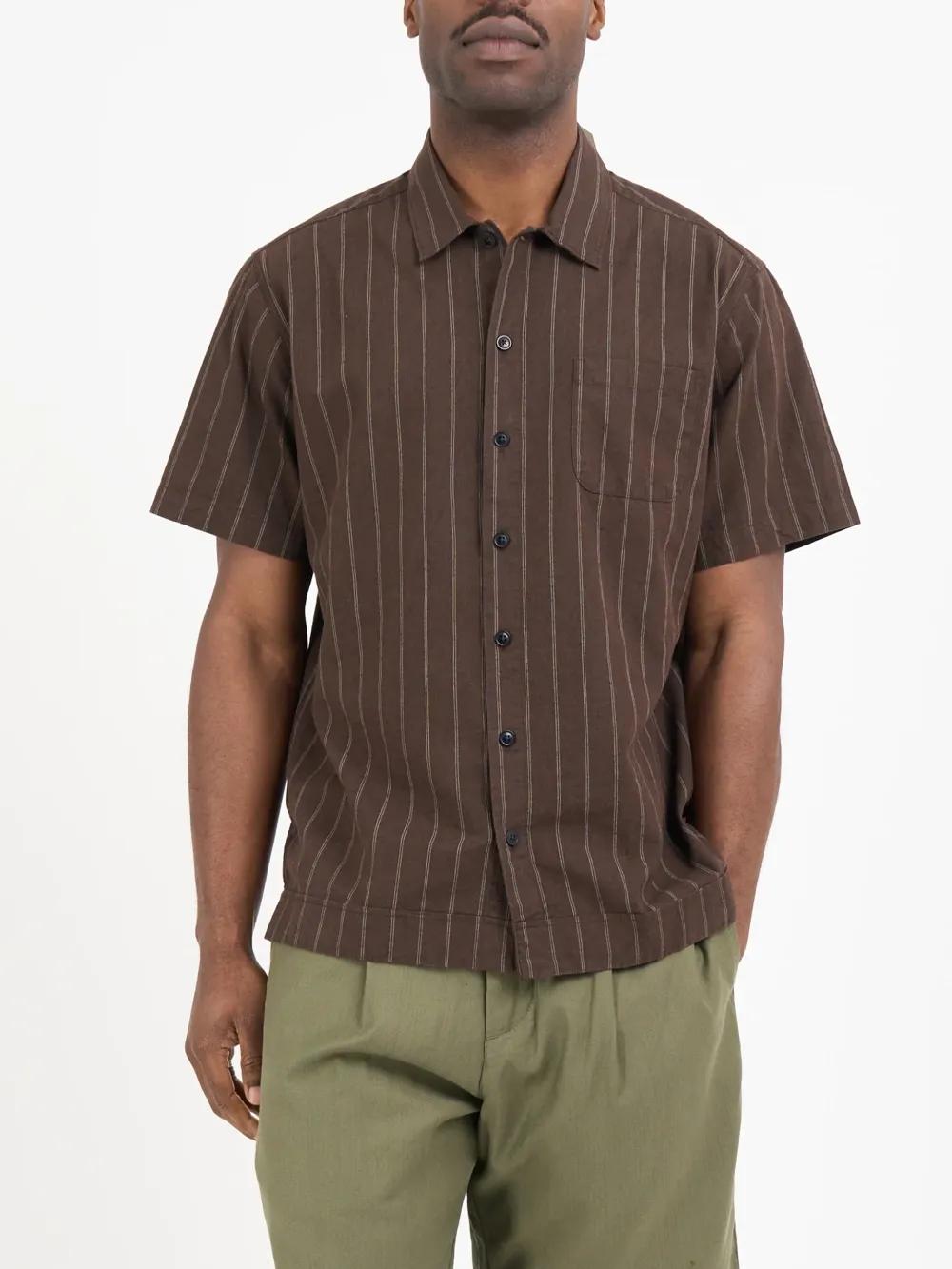 Brown Short Sleeve Cotton-Linen Shirt