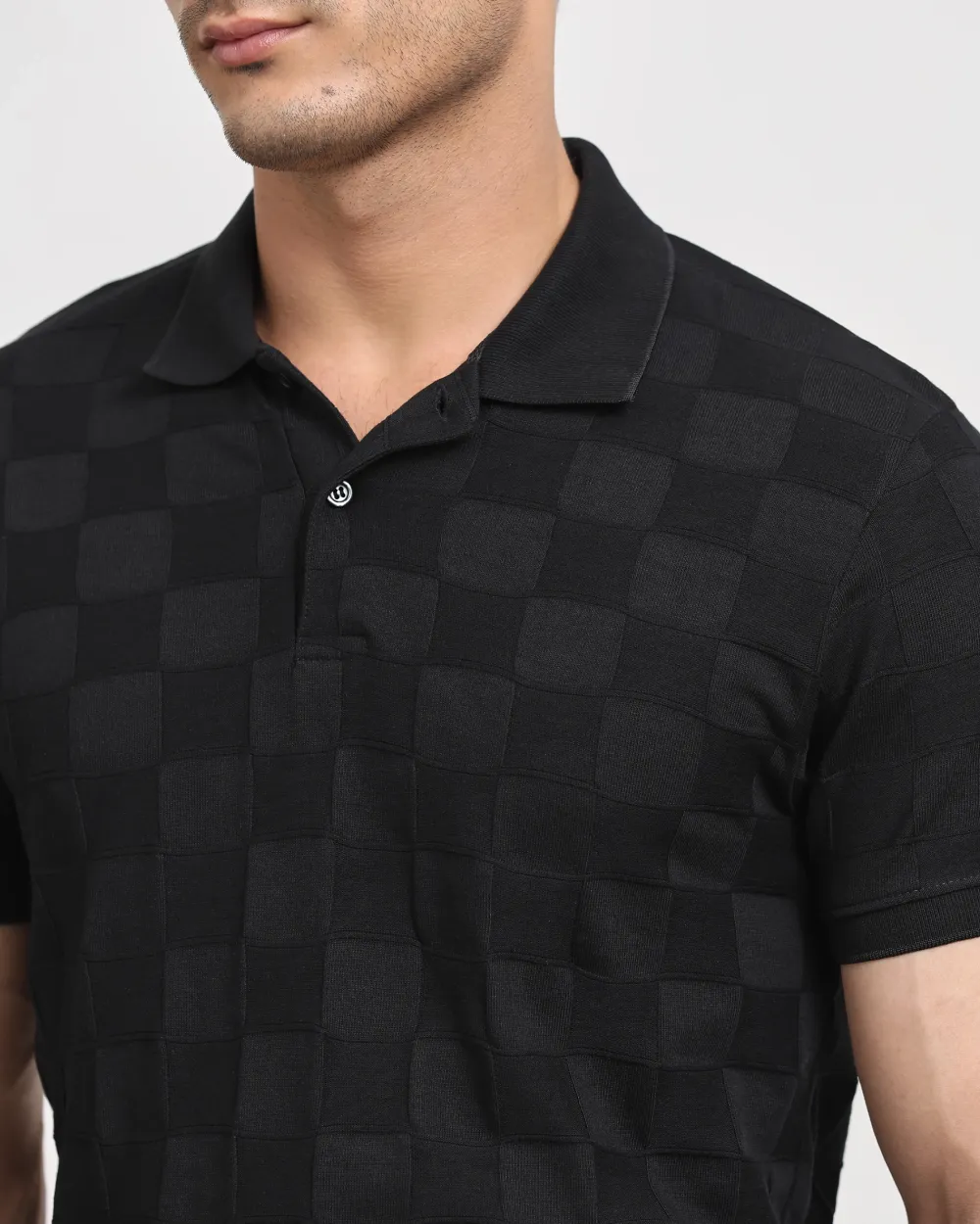 Casual Minimalist Black Plaid Texture Polo Shirt